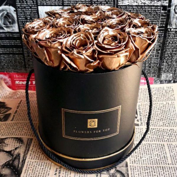 خرید آنلاین و اینترنتی باکس گل رز طلایی با جعبه استوانه ای بند دار در تهران از گلفروشی و فروشگاه شادیچی