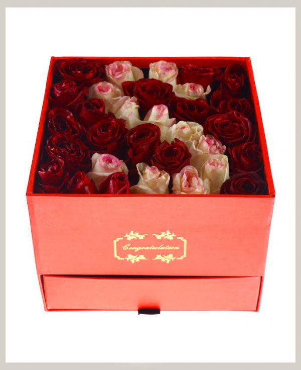 خرید آنلاین باکس گل رز کشویی صورتی و قرمز با جعبه کشودار در تهران از فروشگاه و گلفروشی انلاین و اینترنتی شادیچی