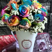 خرید آنلاین و اینترنتی باکس گل رز رنگی سطلی با جعبه مخروطی دسته دار در تهران از گلفروشی و فروشگاه انلاین شادیچی