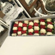 خرید آنلاین و اینترنتی باکس گل رز خوابیده قرمز و سفید با جعبه مستطیلی در تهران از فروشگاه و گلفروشی انلاین شادیچی