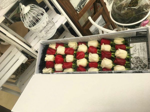 خرید آنلاین و اینترنتی باکس گل رز خوابیده قرمز و سفید با جعبه مستطیلی در تهران از فروشگاه و گلفروشی انلاین شادیچی