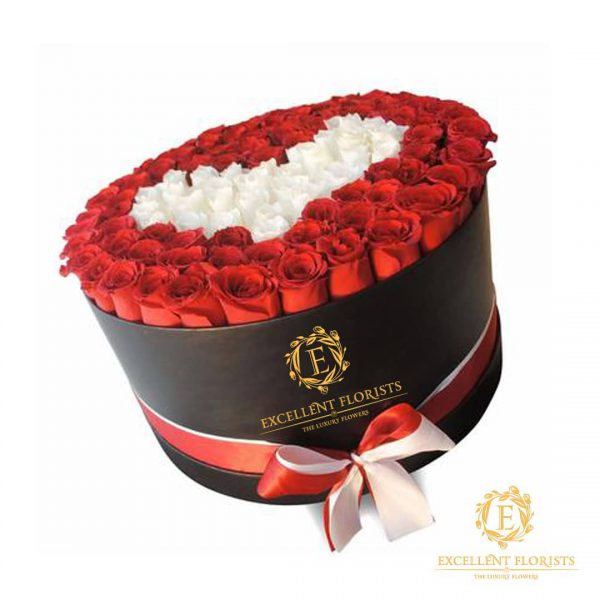 باکس گل استوانه ای هارد باکس با گل رز قرمز و سفید و طراحی شکل قلب شماره 185